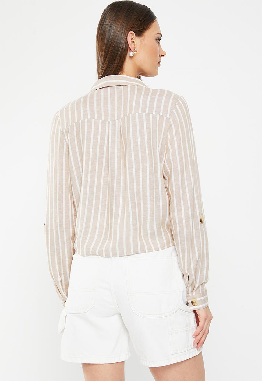 HAILYS - Collared front tie long sleeve blouse - beige stripe