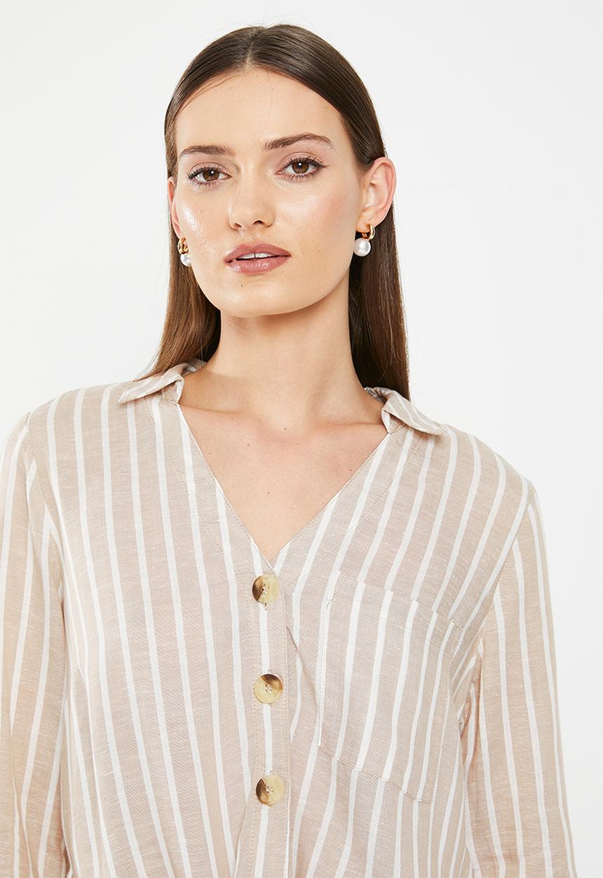 HAILYS - Collared front tie long sleeve blouse - beige stripe