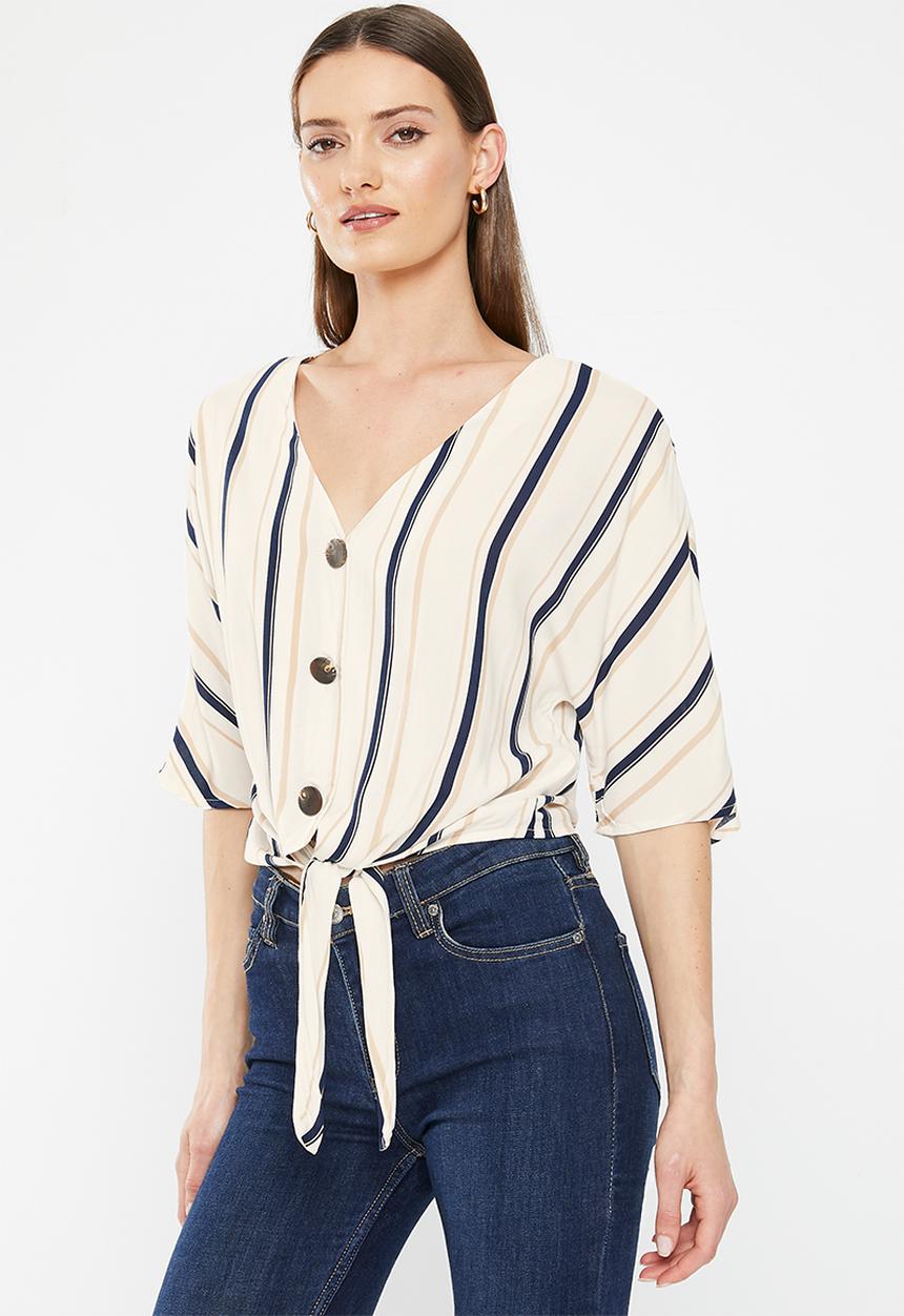 HAILYS - Front tie short sleeve blouse - off white stripe