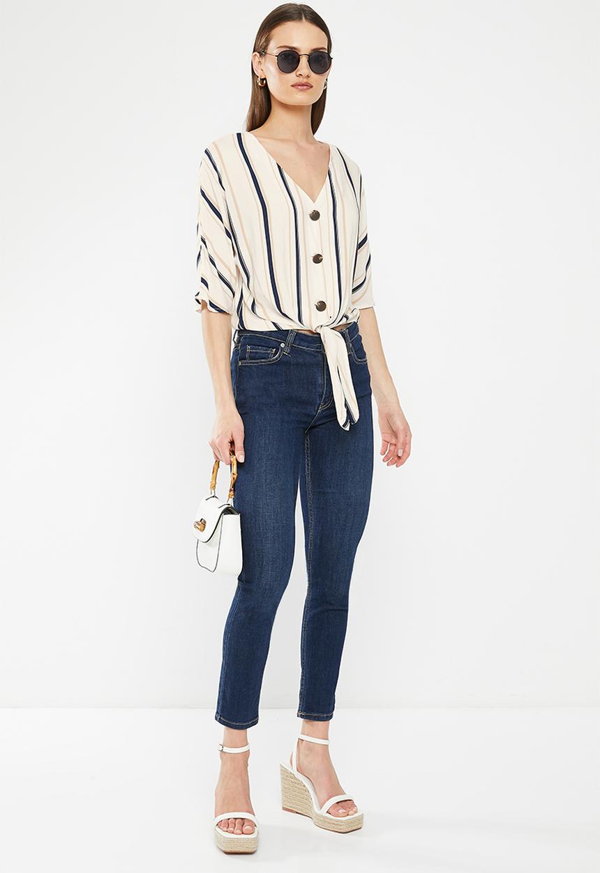 HAILYS - Front tie short sleeve blouse - off white stripe