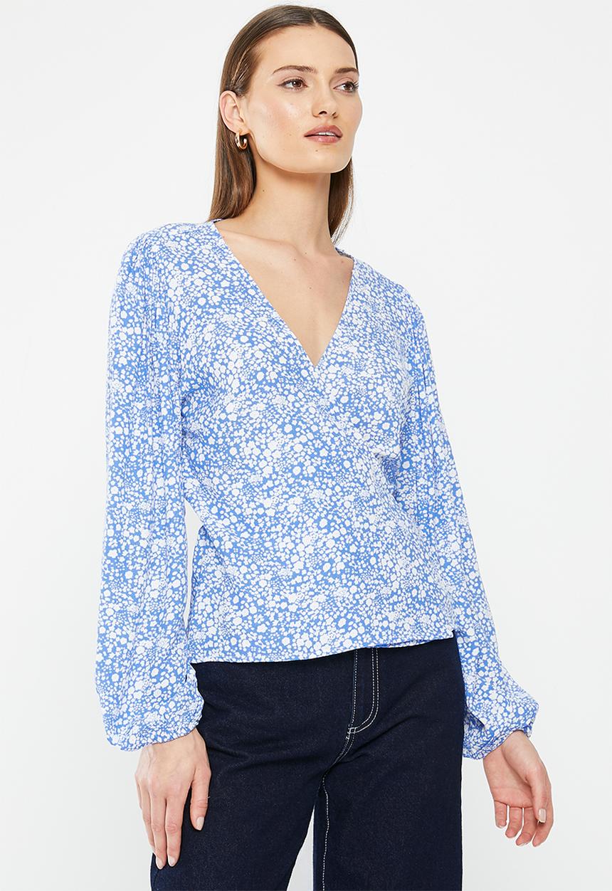 HAILYS - Long sleeve tie waist blouse - blue flower