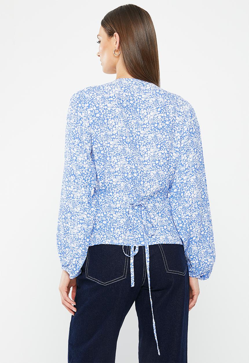 HAILYS - Long sleeve tie waist blouse - blue flower