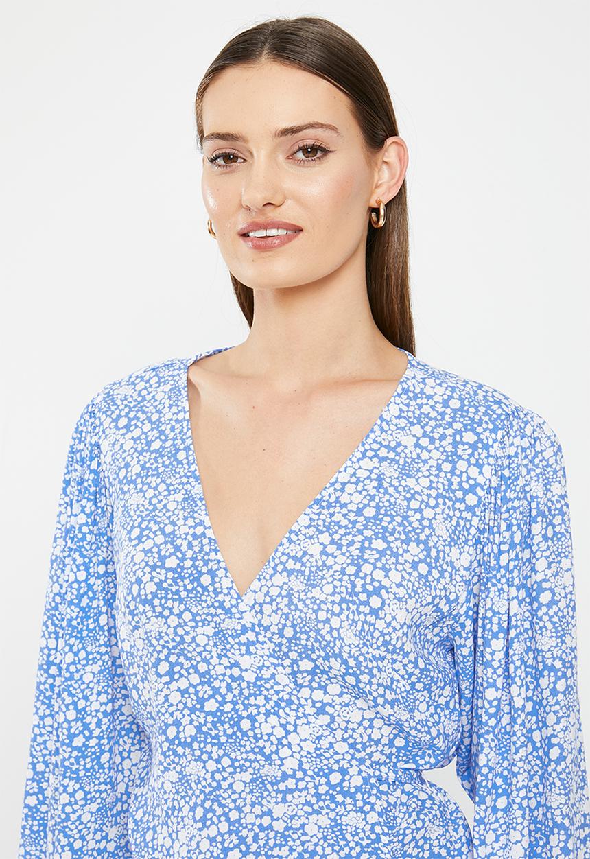 HAILYS - Long sleeve tie waist blouse - blue flower