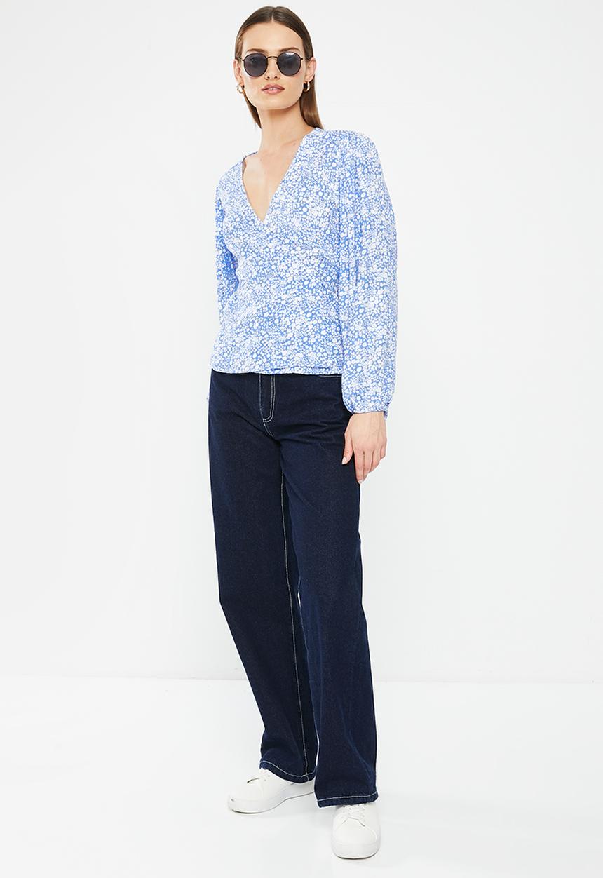 HAILYS - Long sleeve tie waist blouse - blue flower