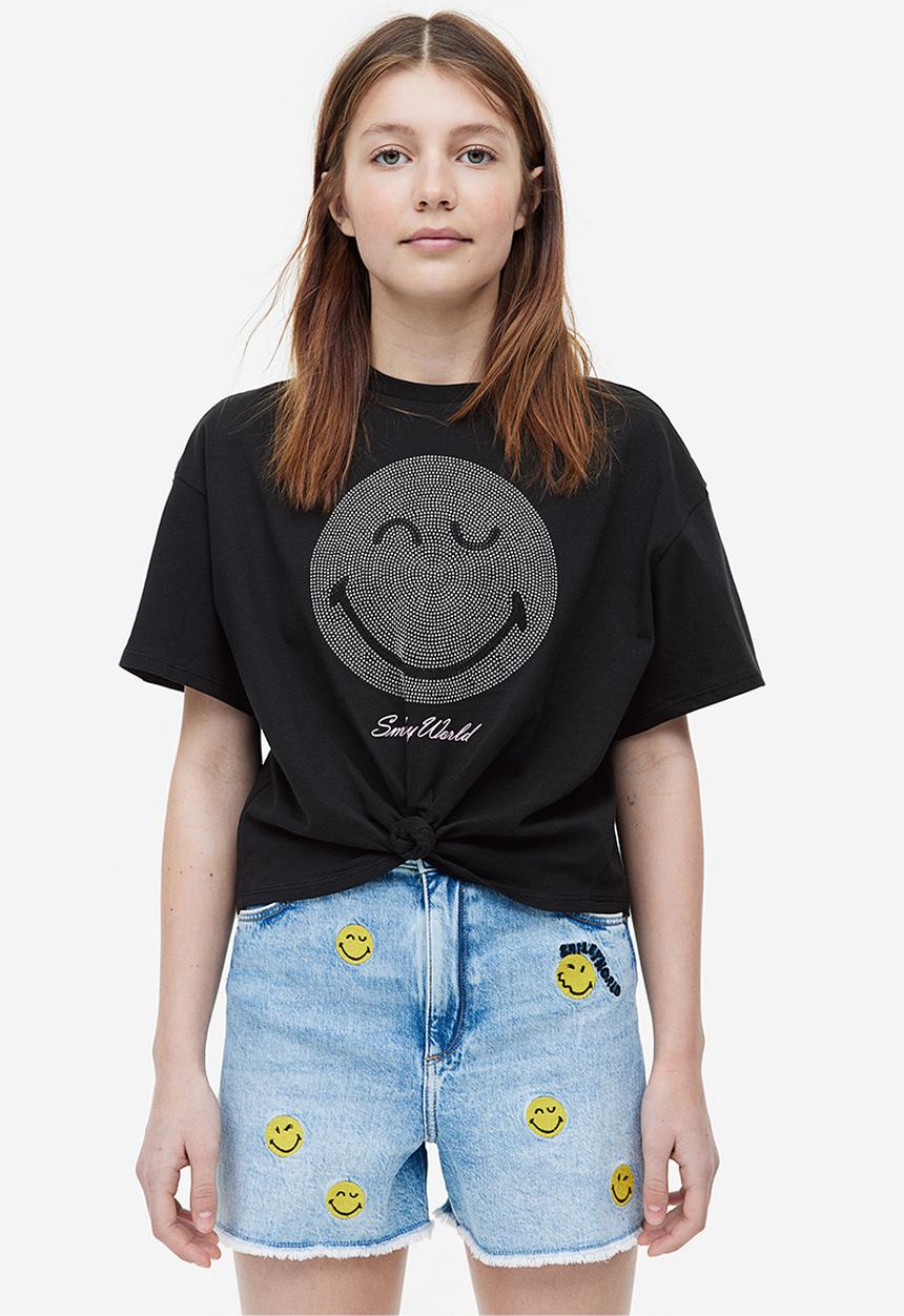 H&M - Tie-hem T-shirt - black smileyworld®