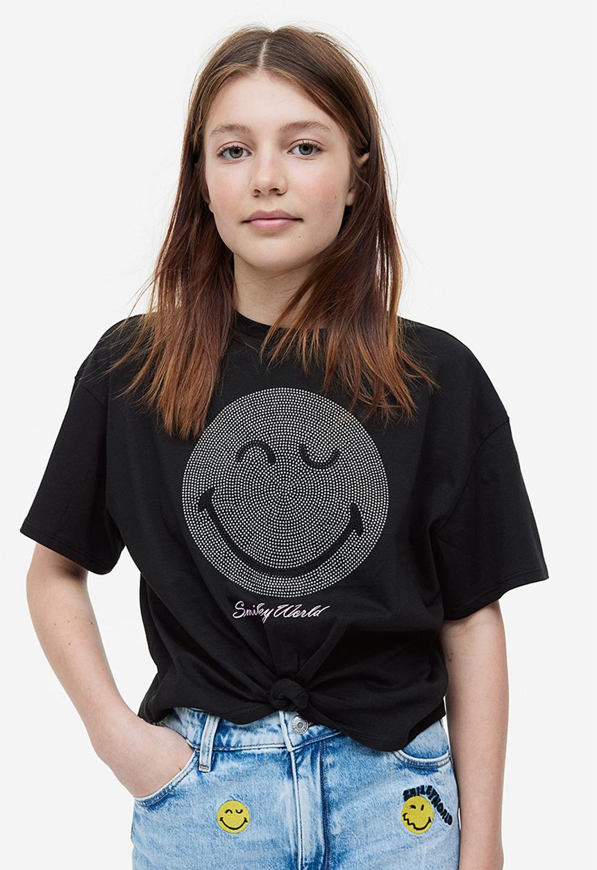 H&M - Tie-hem T-shirt - black smileyworld®