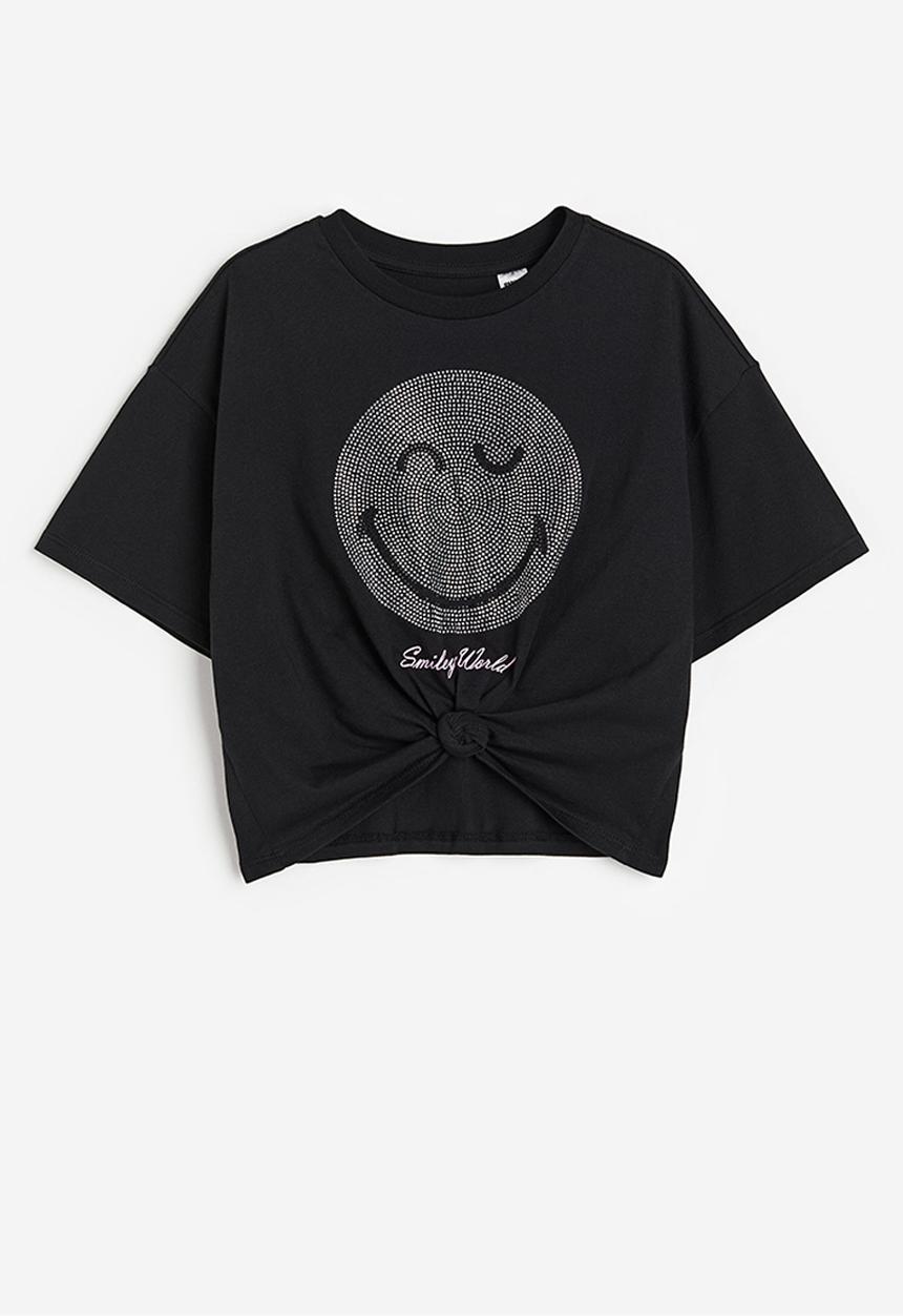 H&M - Tie-hem T-shirt - black smileyworld®
