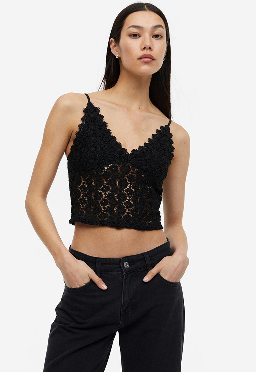 H&M - Cropped lace top - black