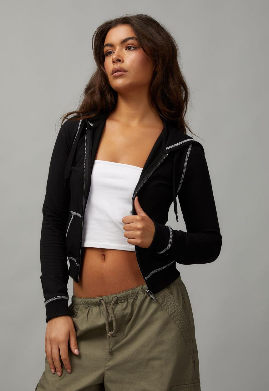 Factorie - Lightweight fitted zip through hoodie - black/white stitch