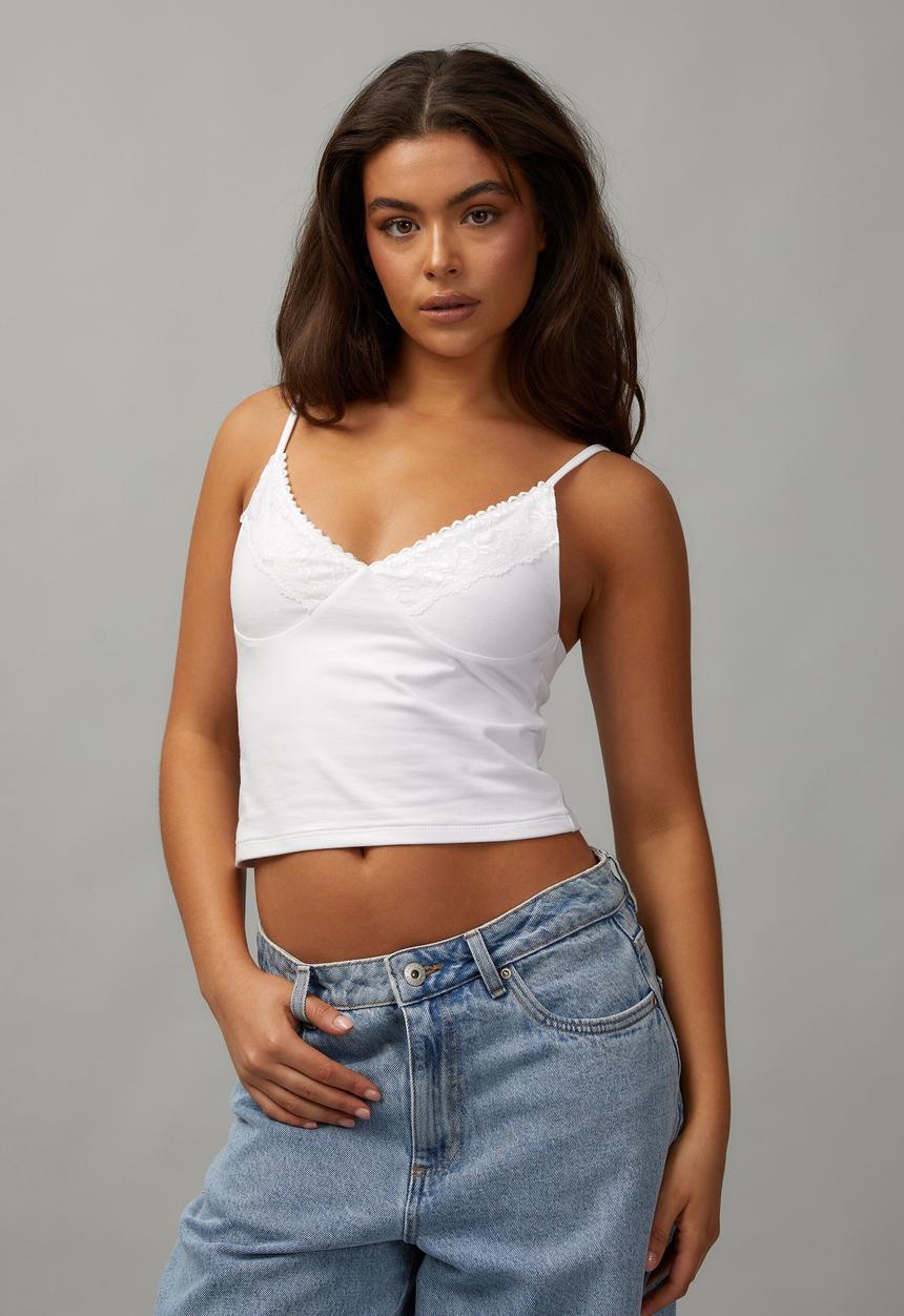 Factorie - Lace v-neck jersey cami - white