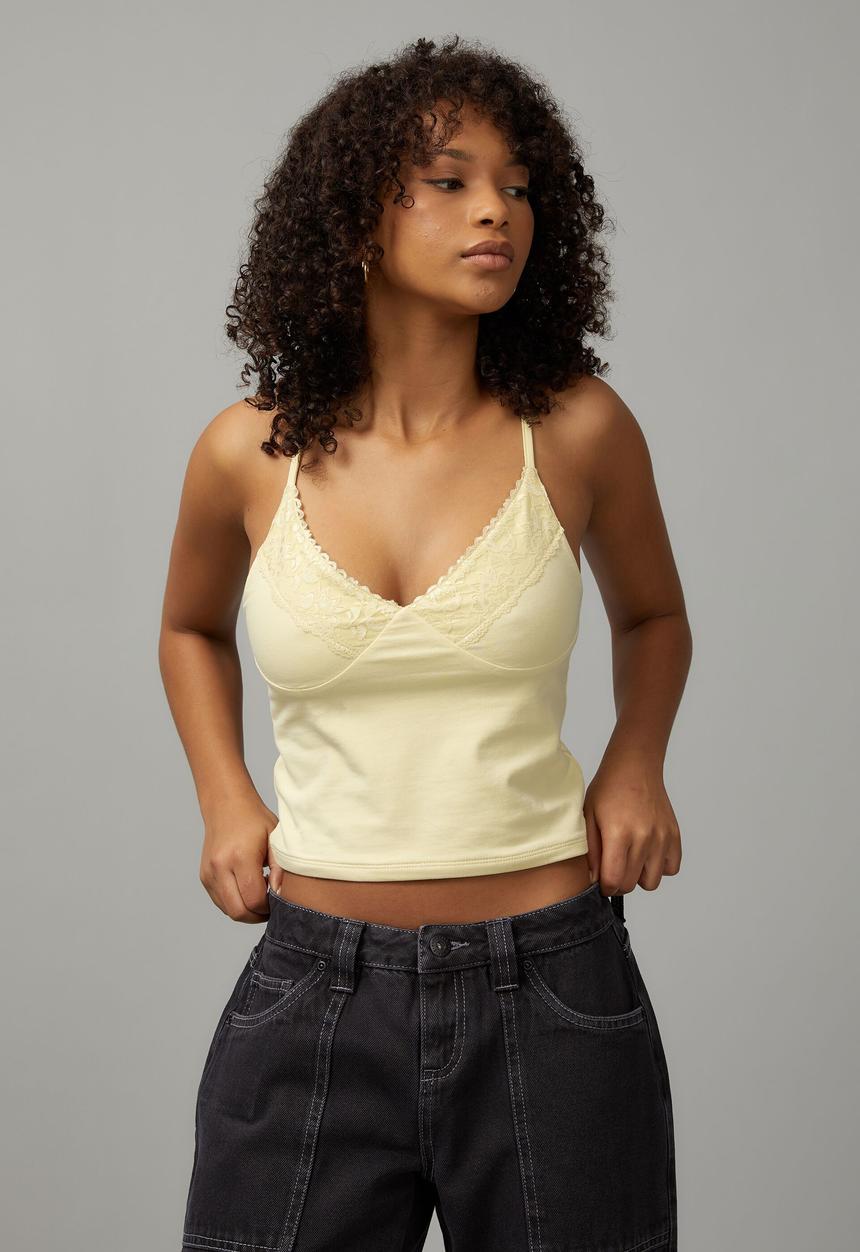 Factorie - Lace v-neck jersey cami - iced yellow