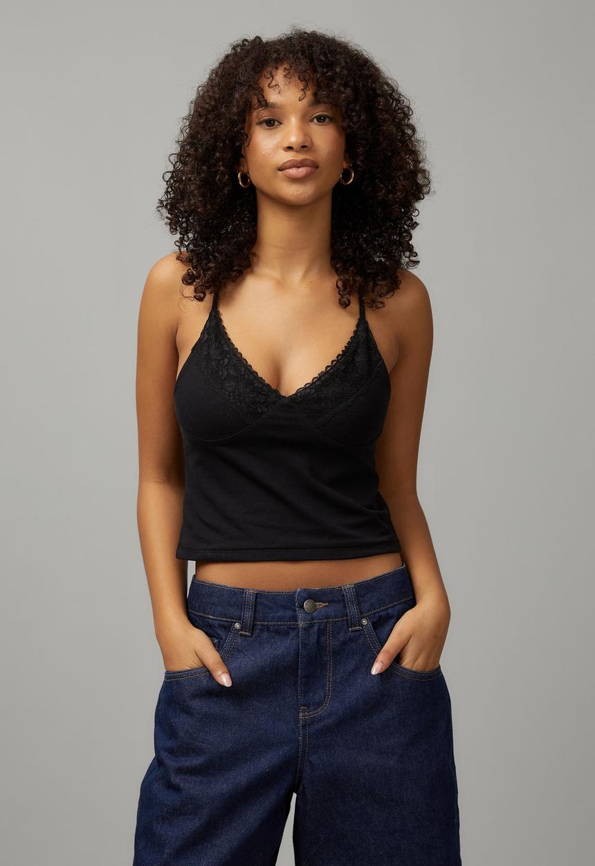 Factorie - Lace v-neck jersey cami - black