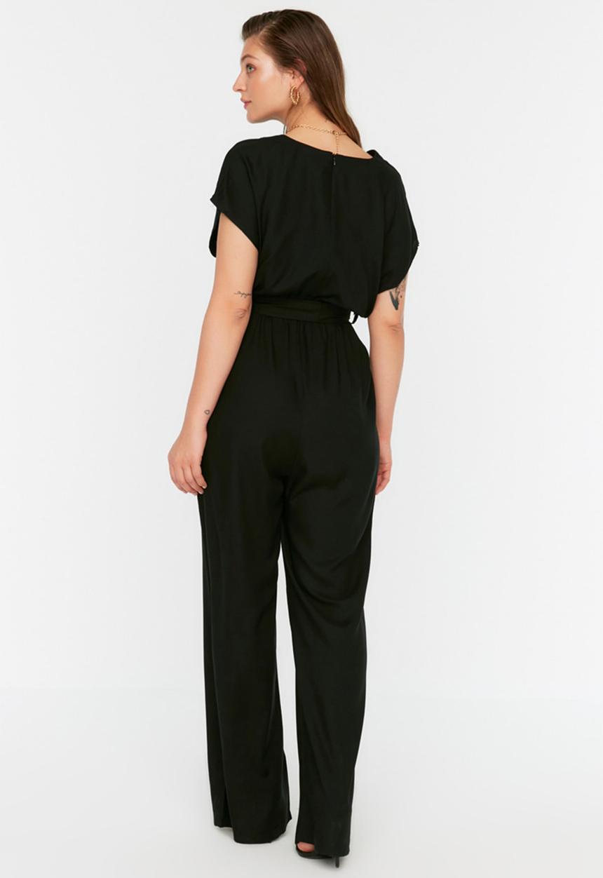 Trendyol - Curve v-neck short sleeve jumpsuit - black
