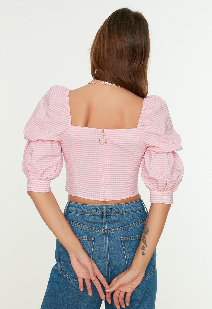 Trendyol - Gingham balloon sleeve cropped top - pink