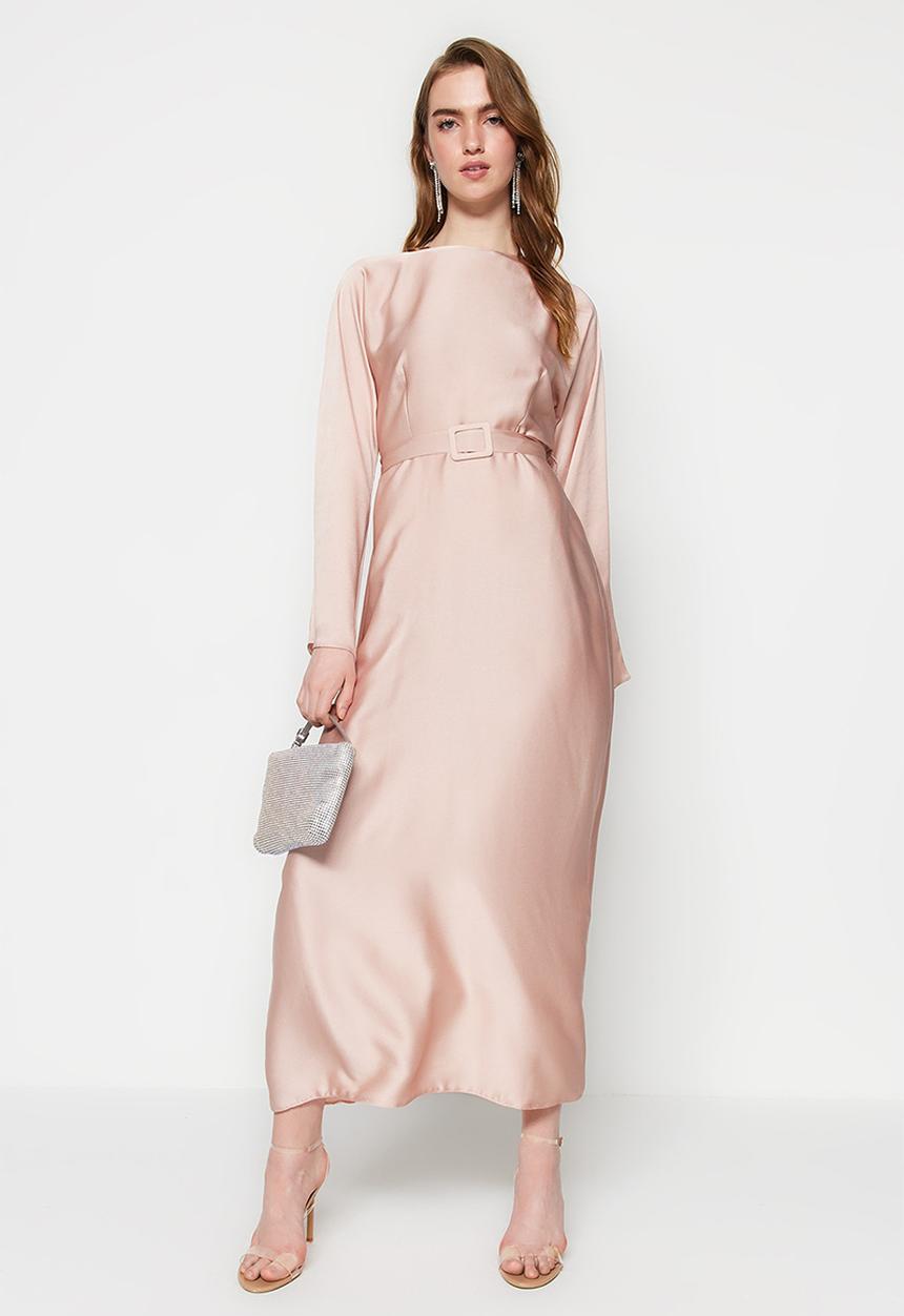 Trendyol - Modest belted satin evening dress - pink