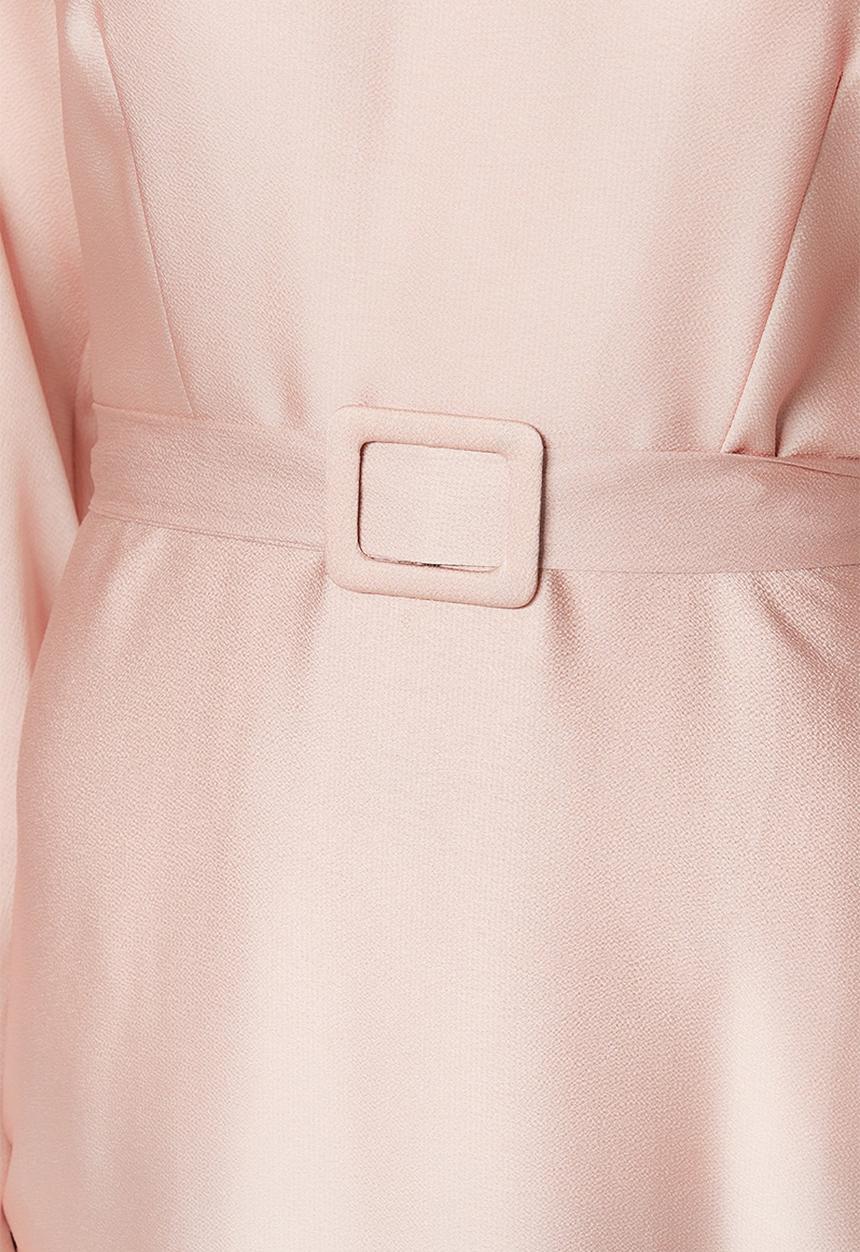 Trendyol - Modest belted satin evening dress - pink