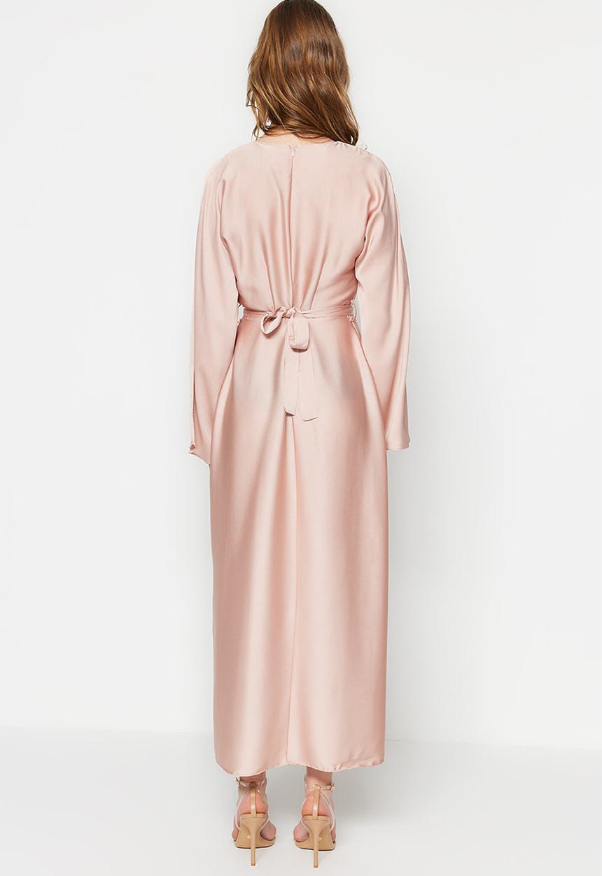Trendyol - Modest belted satin evening dress - pink
