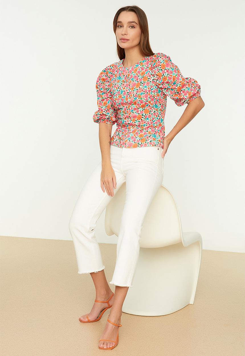 Trendyol - Floral balloon sleeve blouse - ecru