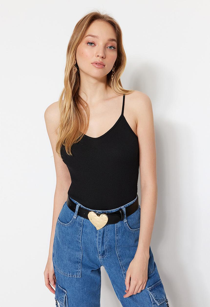 Trendyol - Scoop neck fitted strappy bodysuit - black
