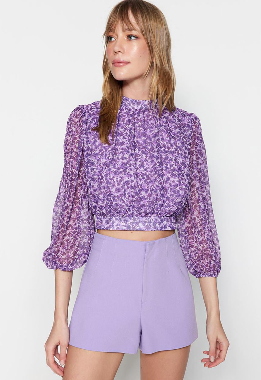 Trendyol - Floral balloon sleeve cropped blouse - purple