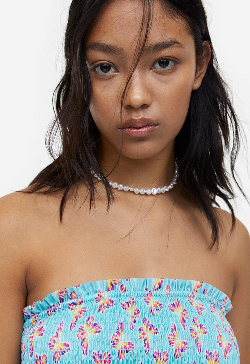 H&M - Smocked bandeau bikini top - turquoise butterflies 