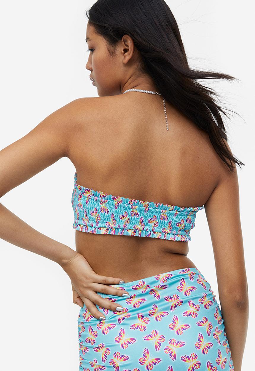H&M - Smocked bandeau bikini top - turquoise butterflies 