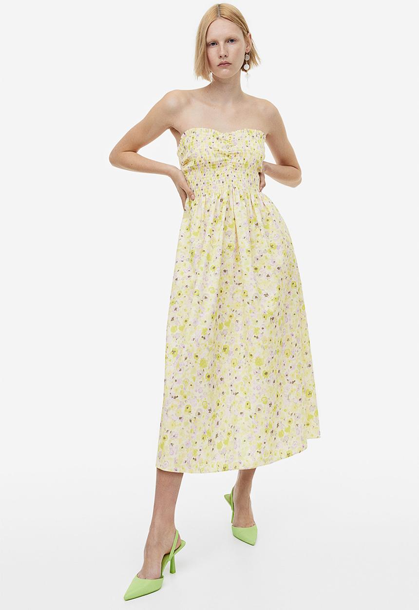 H&M - Smocked cotton dress - light yellow floral 