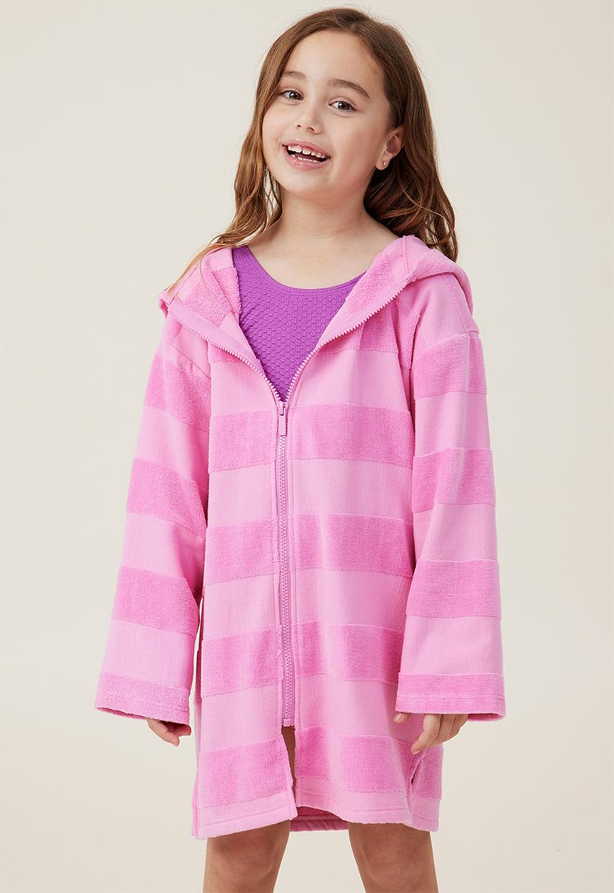 Cotton On - Kids zip thru hooded towel - bubblegum pop/stripe