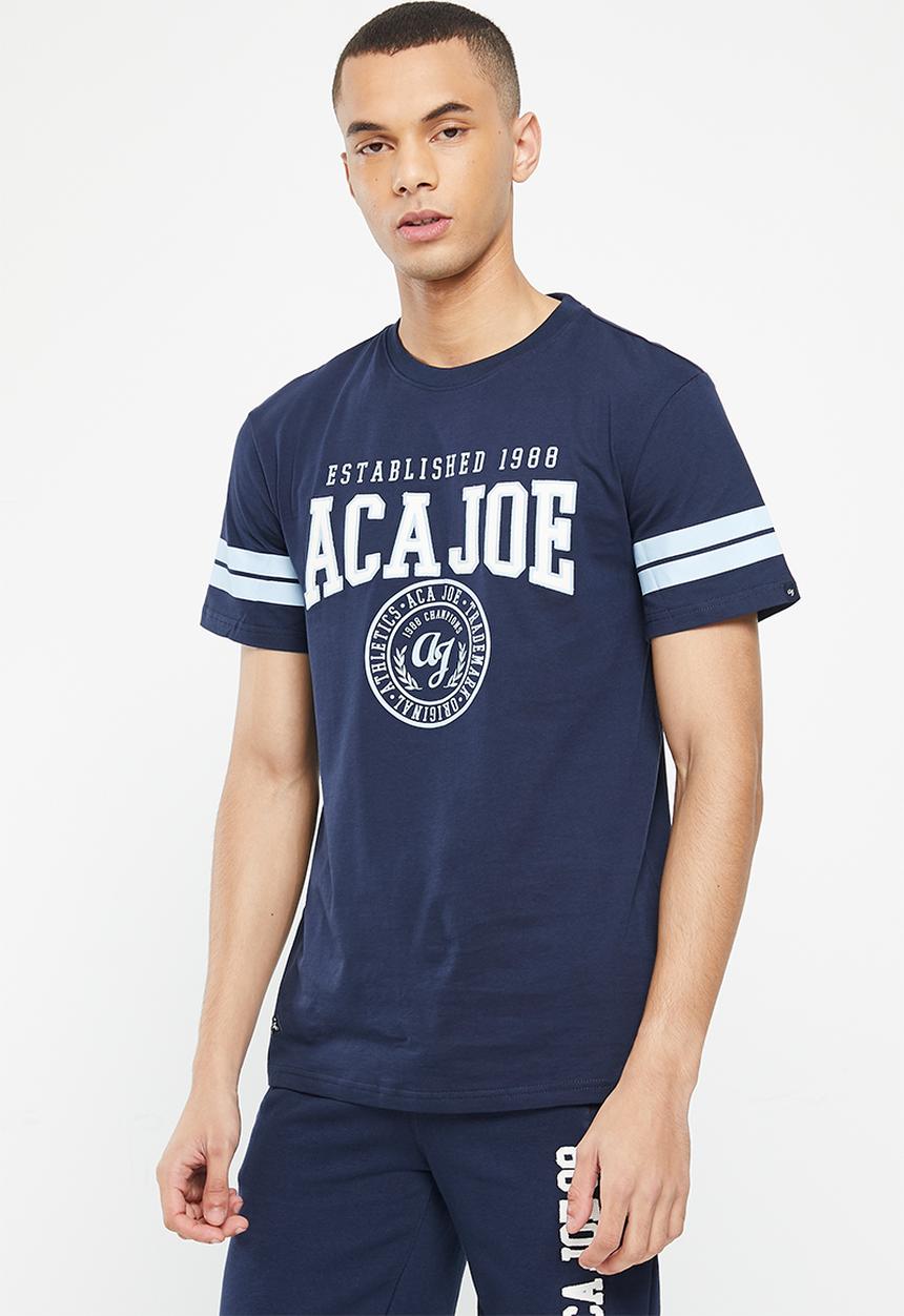 Aca Joe - Mens ca joe twill applique & distress print crew tee - dress blue