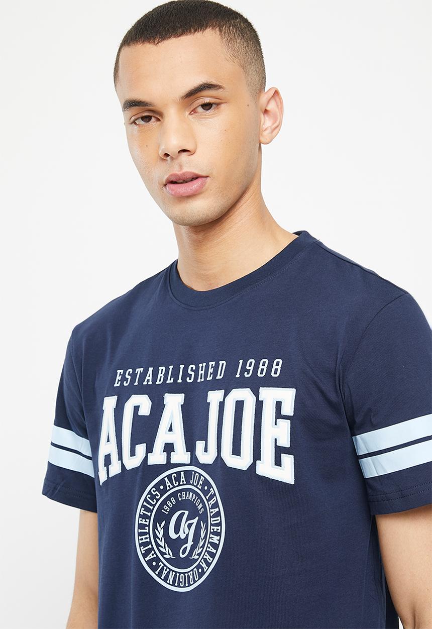 Aca Joe - Mens ca joe twill applique & distress print crew tee - dress blue