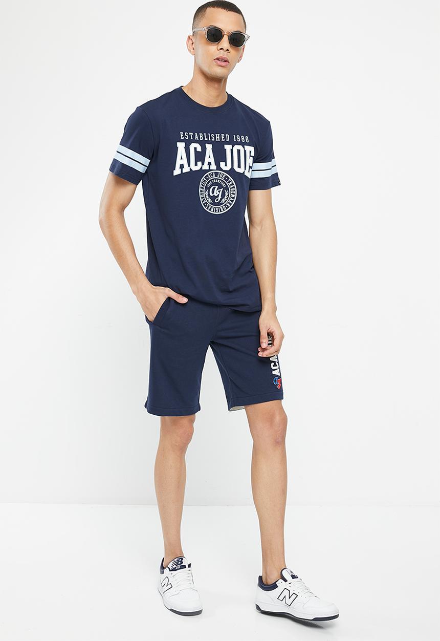 Aca Joe - Mens ca joe twill applique & distress print crew tee - dress blue