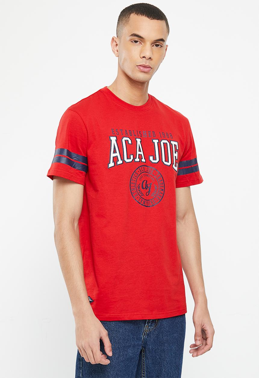 Aca Joe - Mens aca joe twill applique & distress print crew tee - high risk red