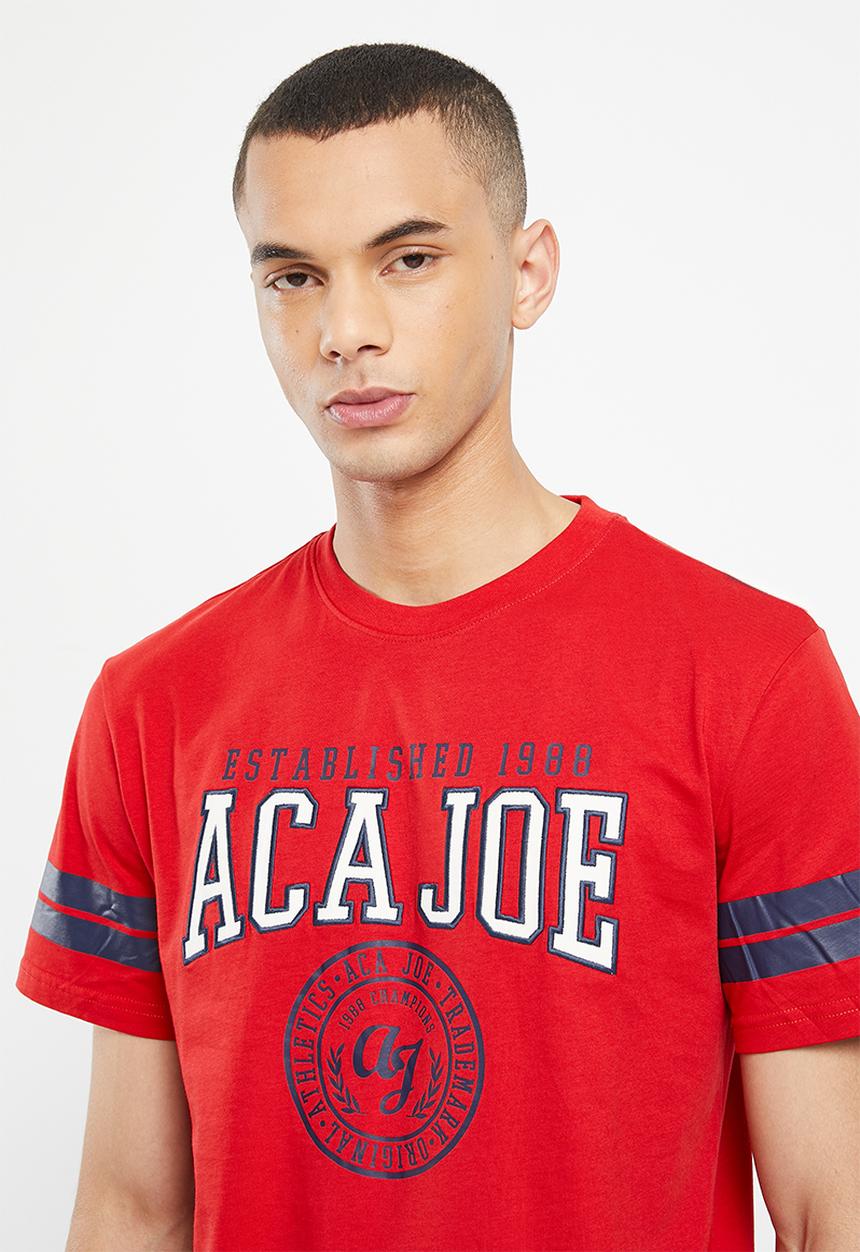 Aca Joe - Mens aca joe twill applique & distress print crew tee - high risk red