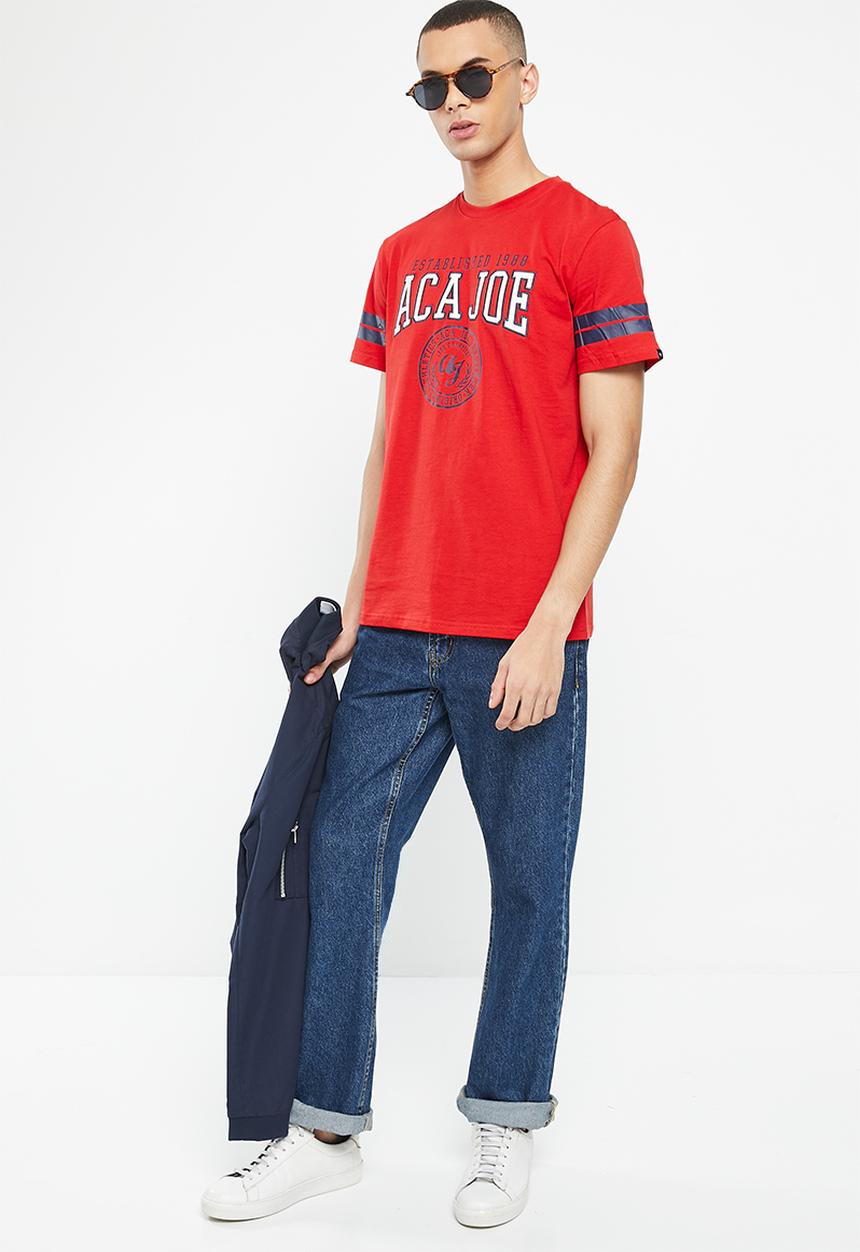 Aca Joe - Mens aca joe twill applique & distress print crew tee - high risk red