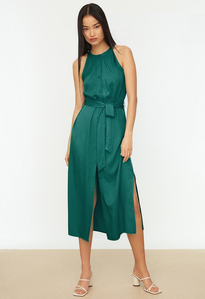Trendyol - Sleeveless halter neck midi dress - green