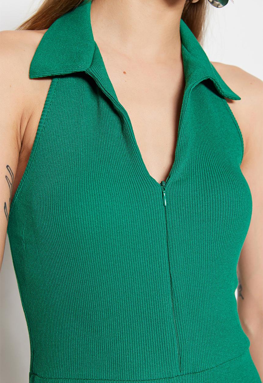 Trendyol - Sleeveless polo collar mini dress - green