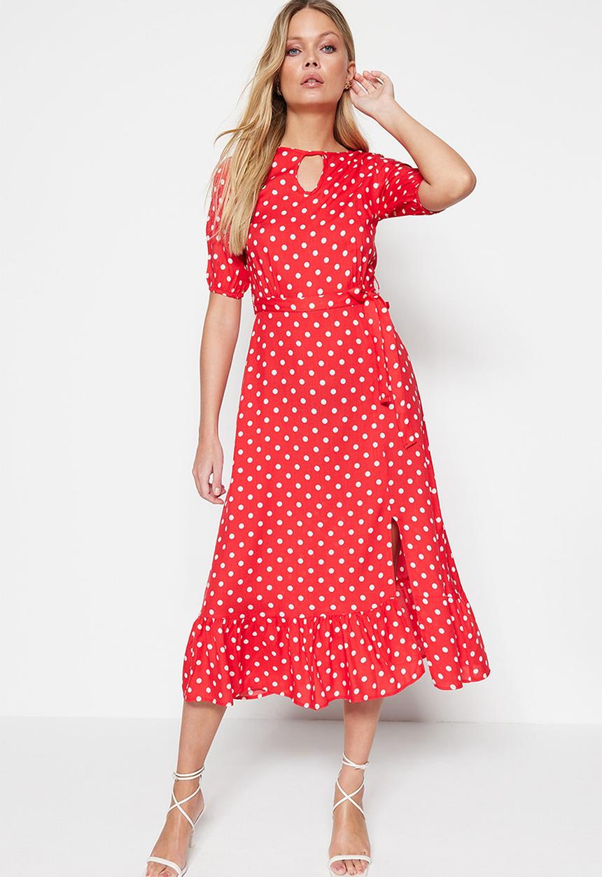 Trendyol - Short sleeve polka dot midi dress - red