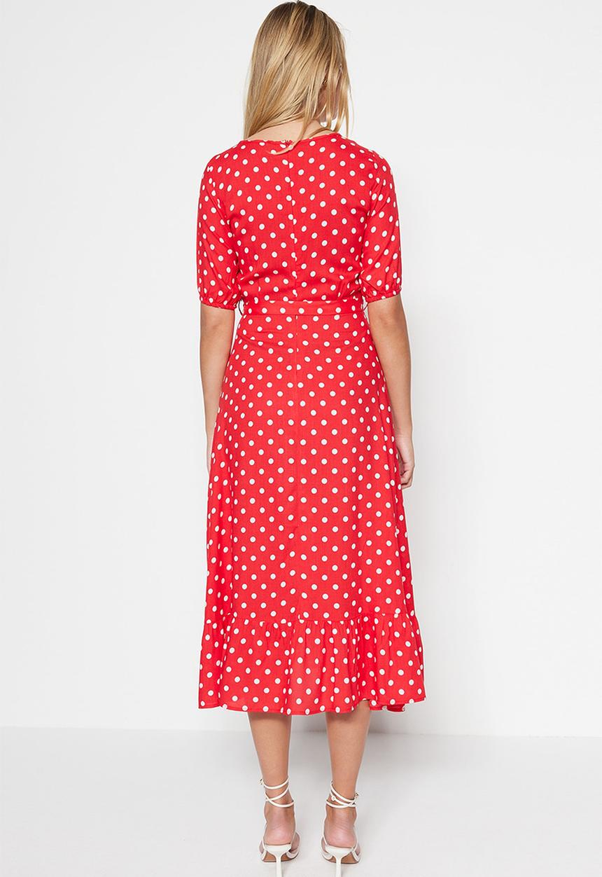 Trendyol - Short sleeve polka dot midi dress - red