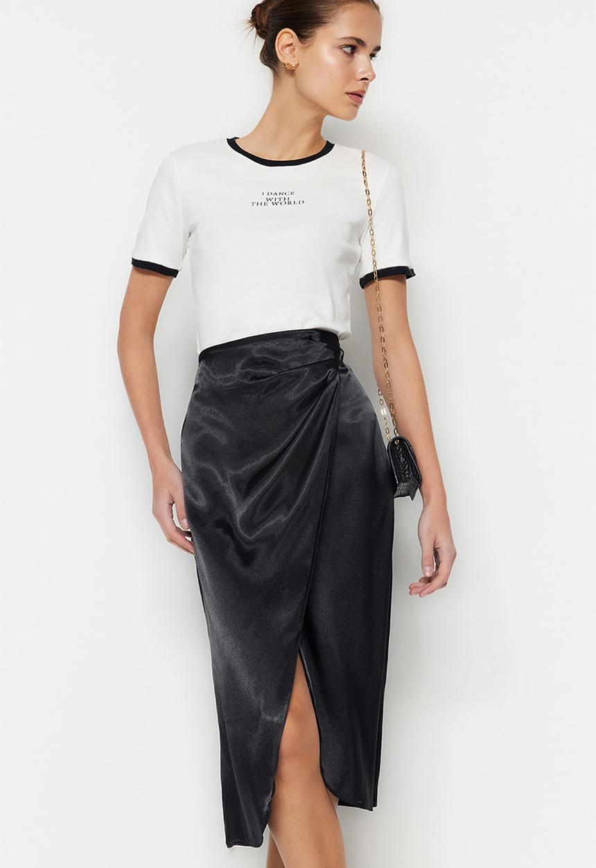 Trendyol - Wrapover satin midi dress - black