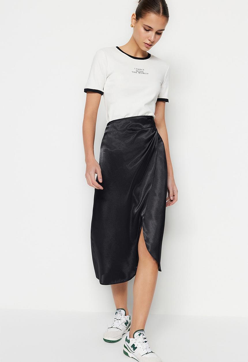 Trendyol - Wrapover satin midi dress - black