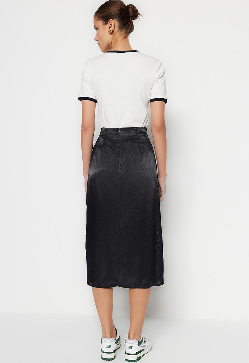 Trendyol - Wrapover satin midi dress - black