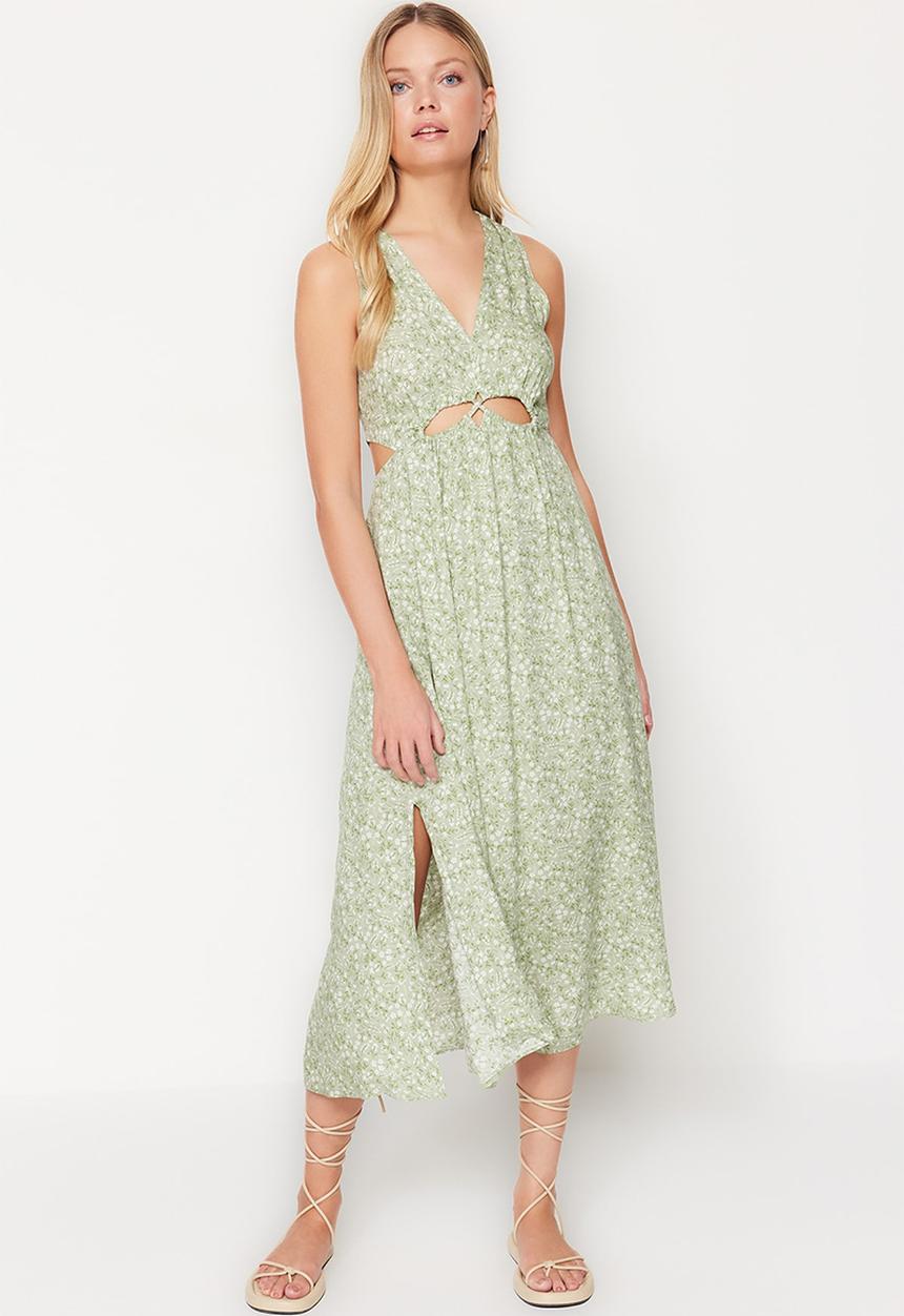 Trendyol - Sleeveless  floral v-neck midi dress - green
