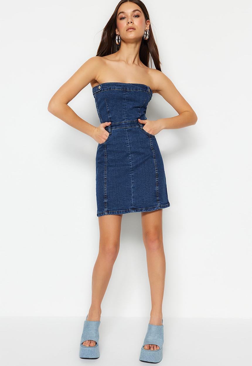 Trendyol - Strapless fitted mini denim dress - blue