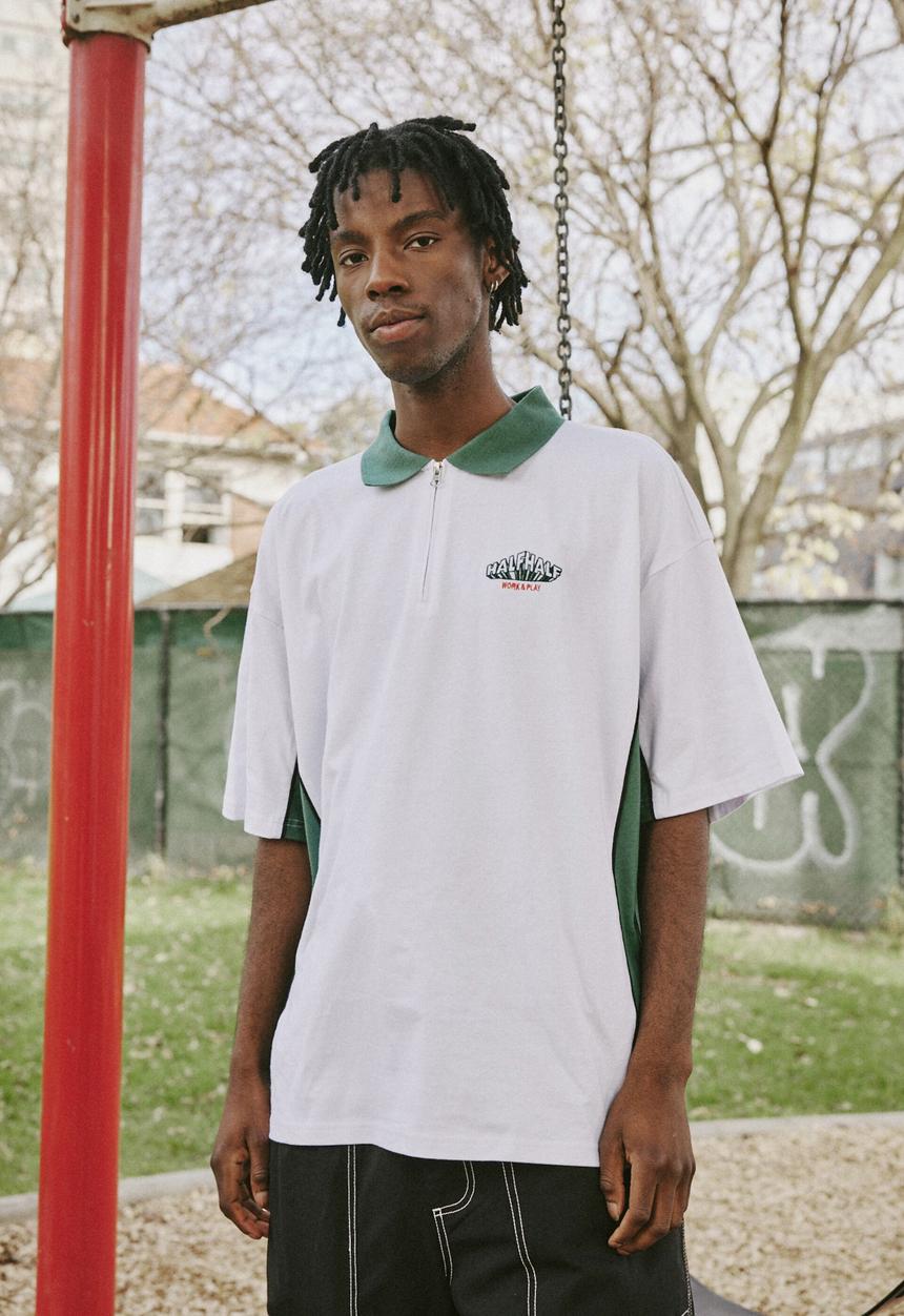 Factorie - Box fit zip polo - white/green panelling