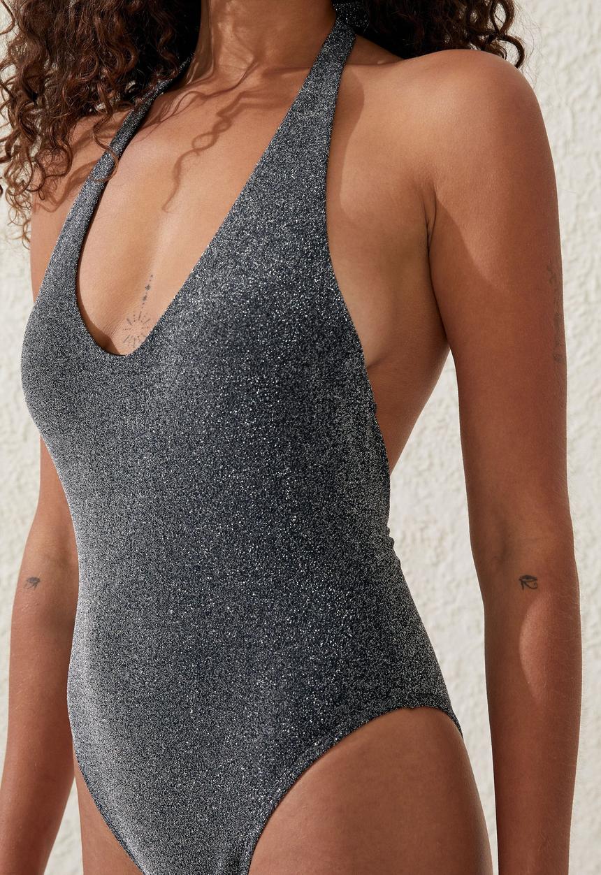 Cotton On - Scoop front halter one piece cheeky - black metallic