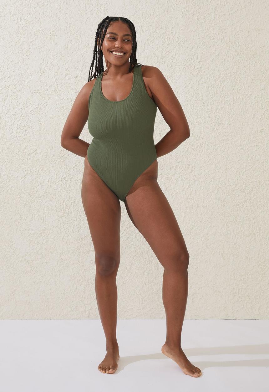 Cotton On - Plus scoop back one piece cheeky - khaki crinkle