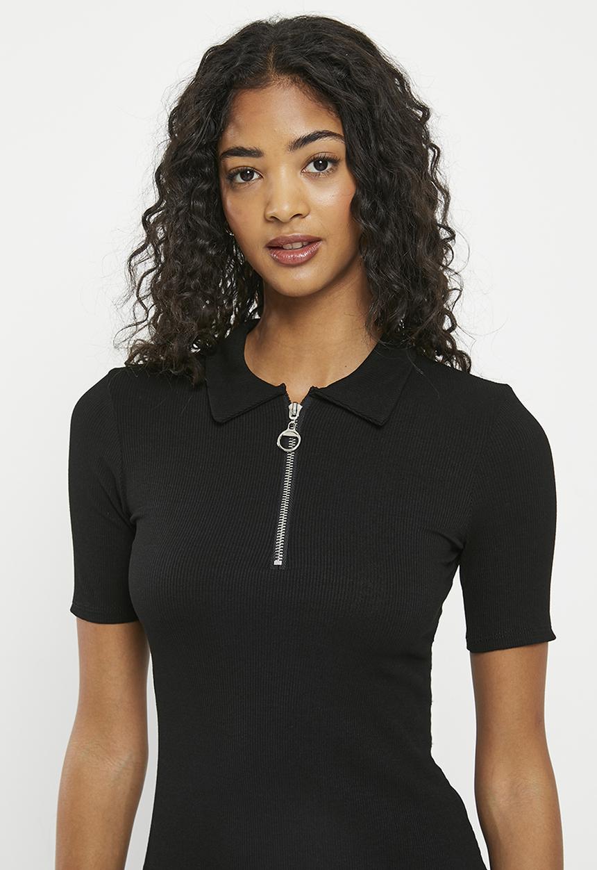 HAILYS - Zip collared short sleeve dress - black