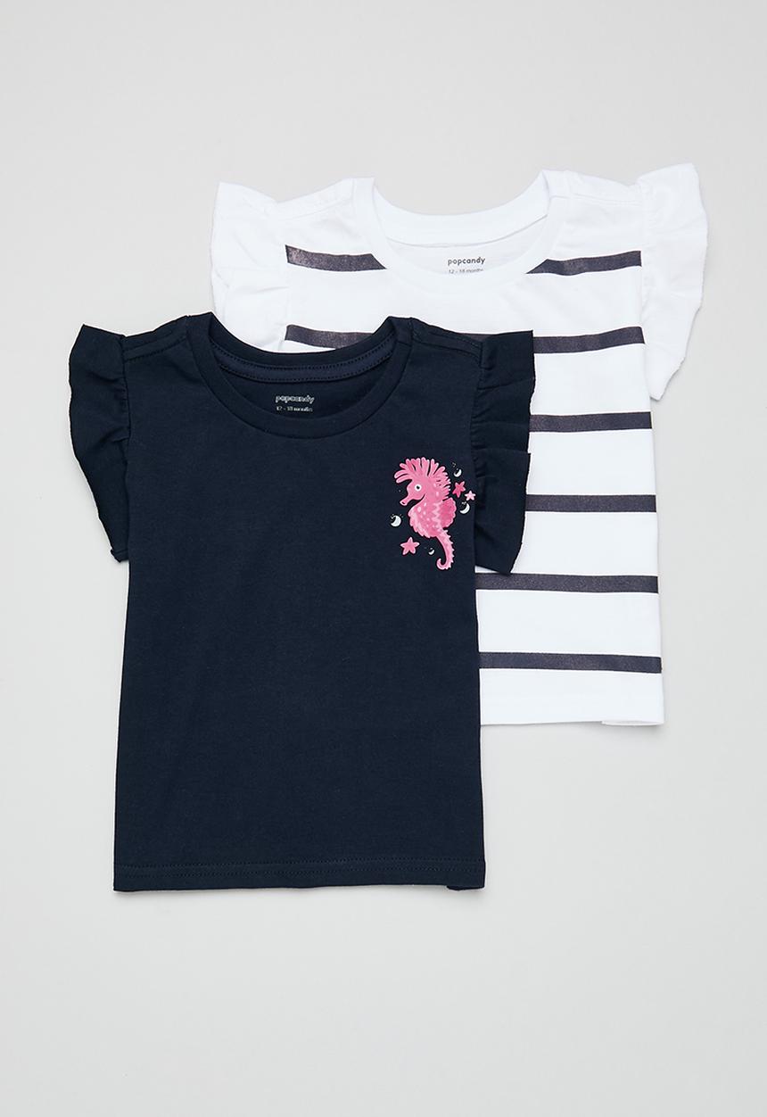 Pop Candy - Baby 2 pack frill sleeve tee - navy & white