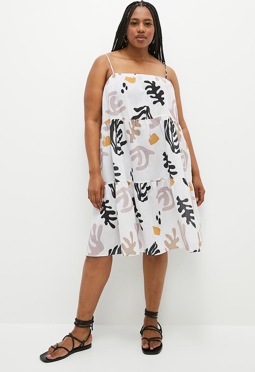 Superbalist - Tiered babydoll mini dress- abstract seaweed neutral