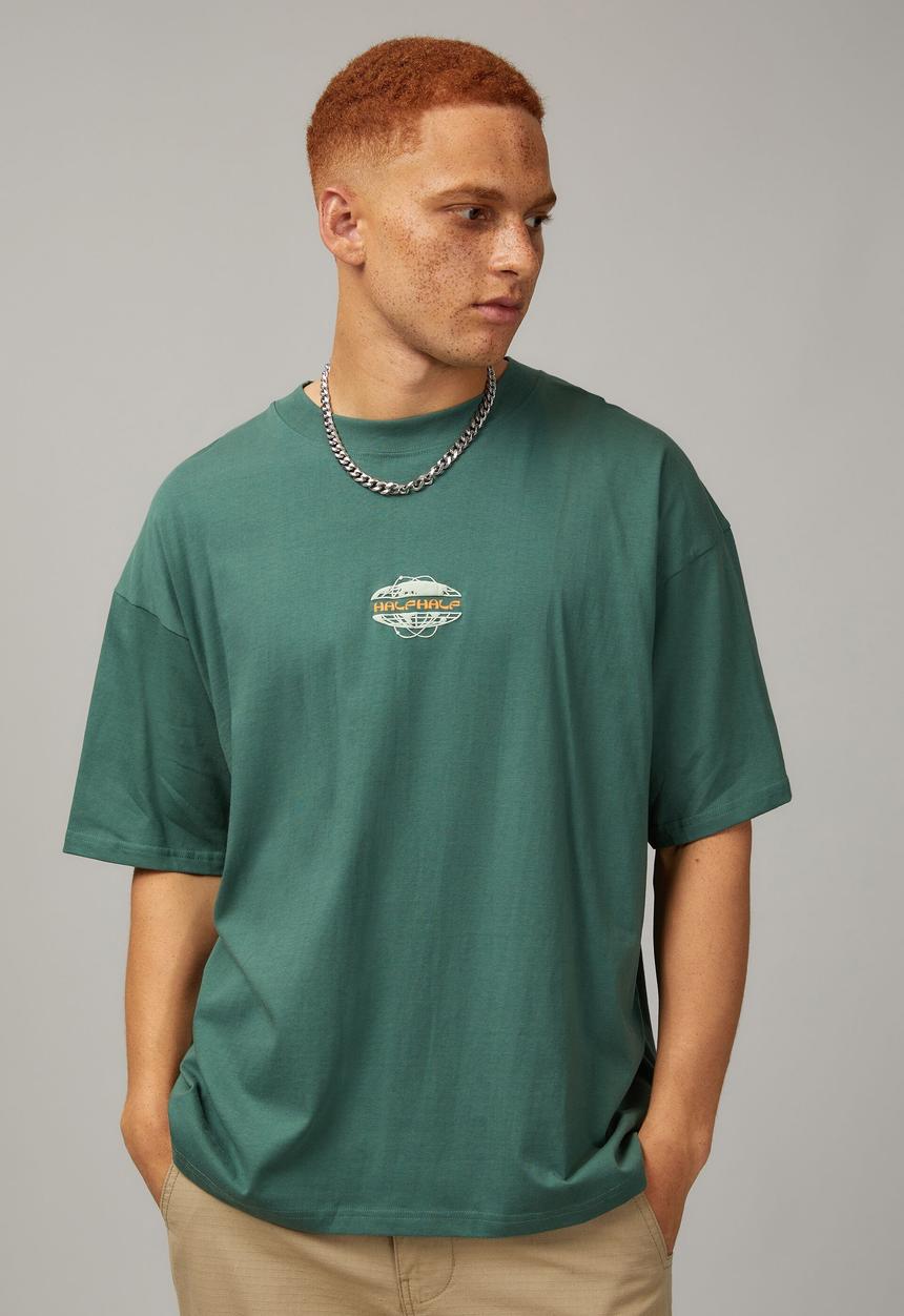 Factorie - Heavy weight box graphic T-shirt - washed evergreen/half half globe